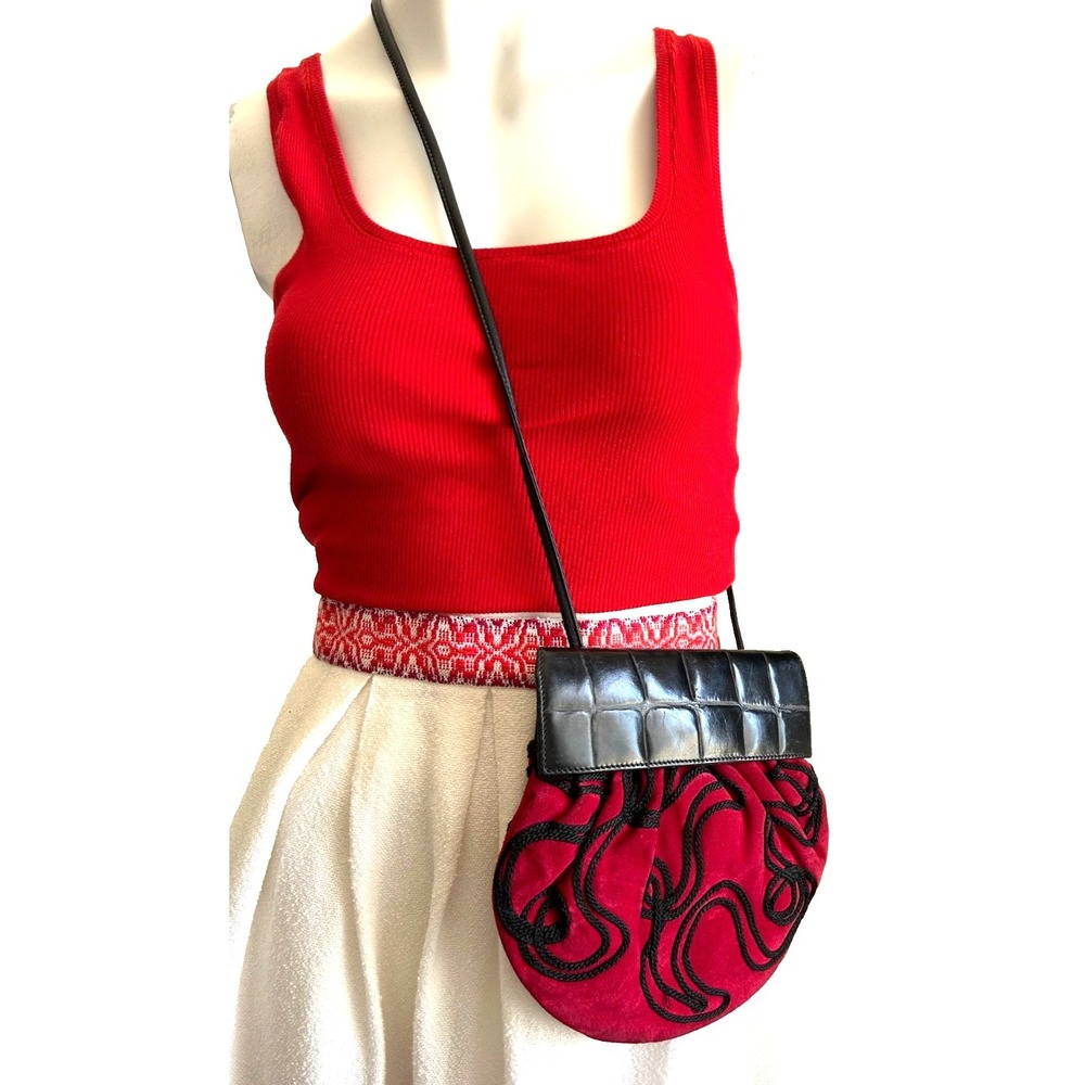 80s Braccialini Saks Leather Shoulder Crossbody Bag Red Suede Soutache Flap EUC